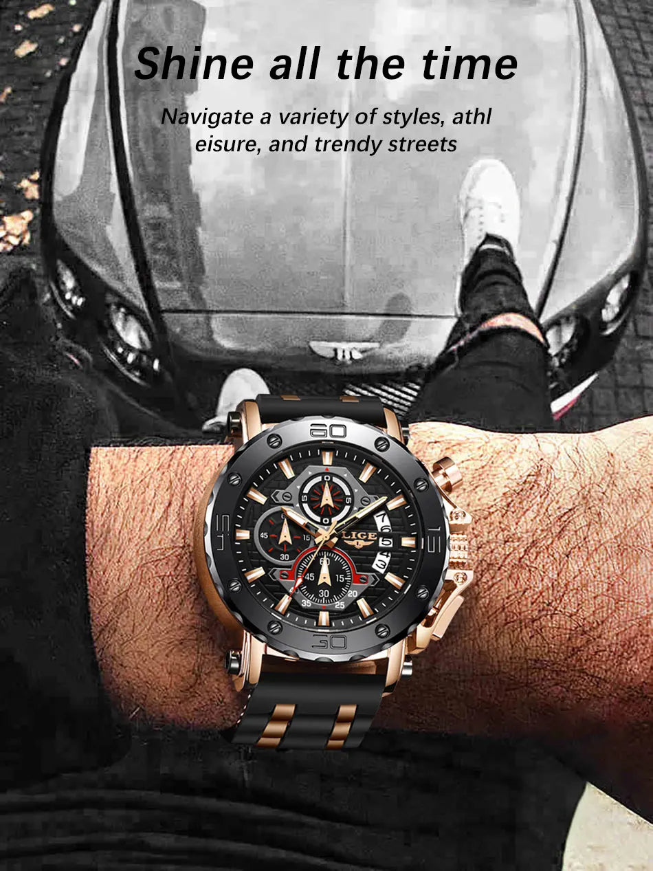 LIGE 2024 New Business Silicone Mens Watches Top Brand Luxury Quartz Watch For Men Waterproof Sport Big Dial Military Wristwatch