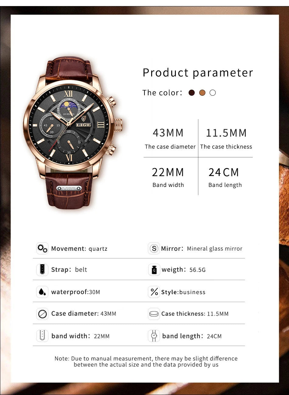 LIGE 2024 New Mens Watches Top Brand Luxury Brown Leather Casual Quartz Watch Men Sport Waterproof Clock Watch Relogio Masculino