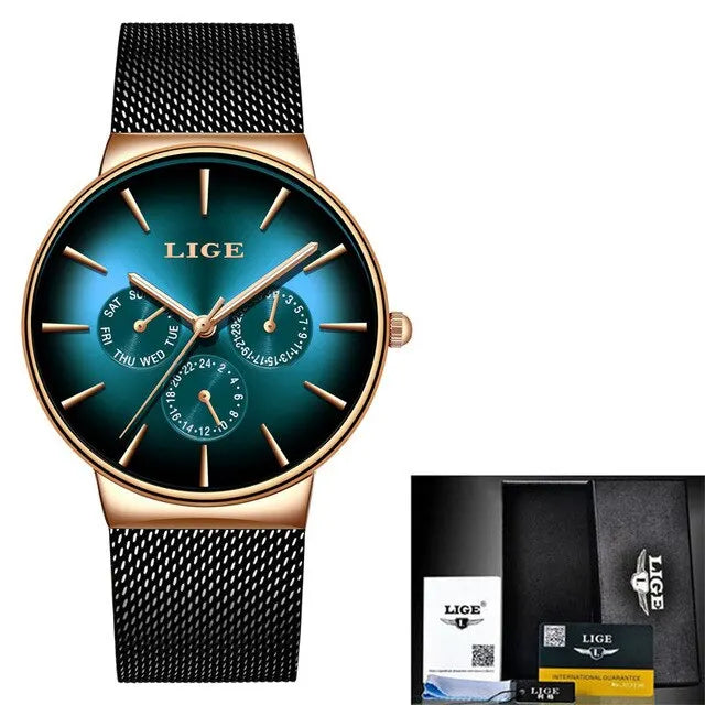 New LIGE Fashion Mens Watches Top Brand Luxury Quartz Watch Men Mesh Steel Waterproof Ultra-thin Wristwatch For Men Sport Clock
