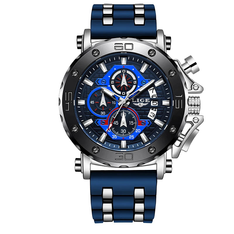 LIGE 2024 New Business Silicone Mens Watches Top Brand Luxury Quartz Watch For Men Waterproof Sport Big Dial Military Wristwatch