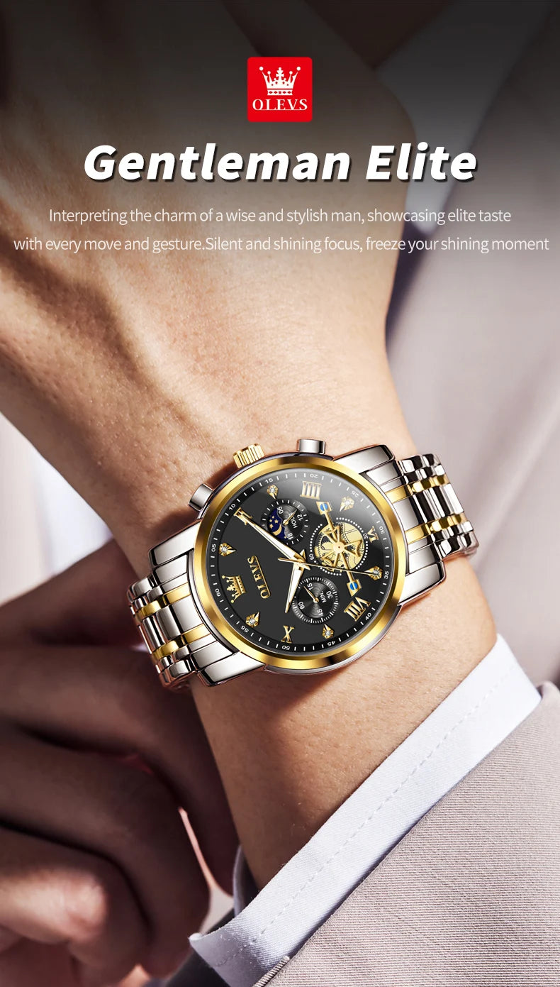 OLEVS 2856 Men's Watches Classic Multifunctional Fltwheel Chronograph Original Quartz Wristwatch Moon Phase 24 Hour Waterproof
