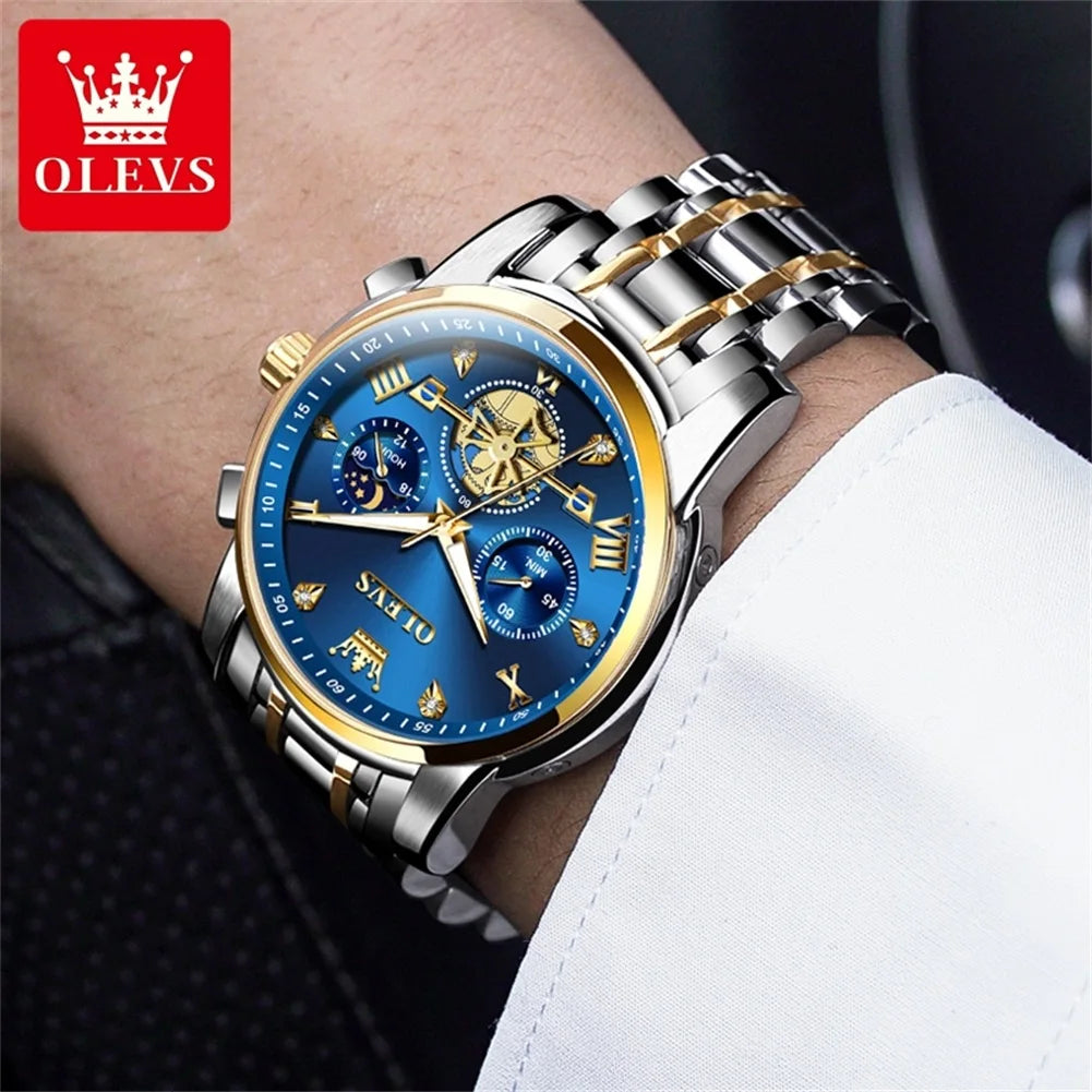 OLEVS 2856 Men's Watches Classic Multifunctional Fltwheel Chronograph Original Quartz Wristwatch Moon Phase 24 Hour Waterproof