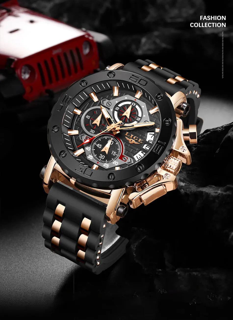 LIGE 2024 New Business Silicone Mens Watches Top Brand Luxury Quartz Watch For Men Waterproof Sport Big Dial Military Wristwatch
