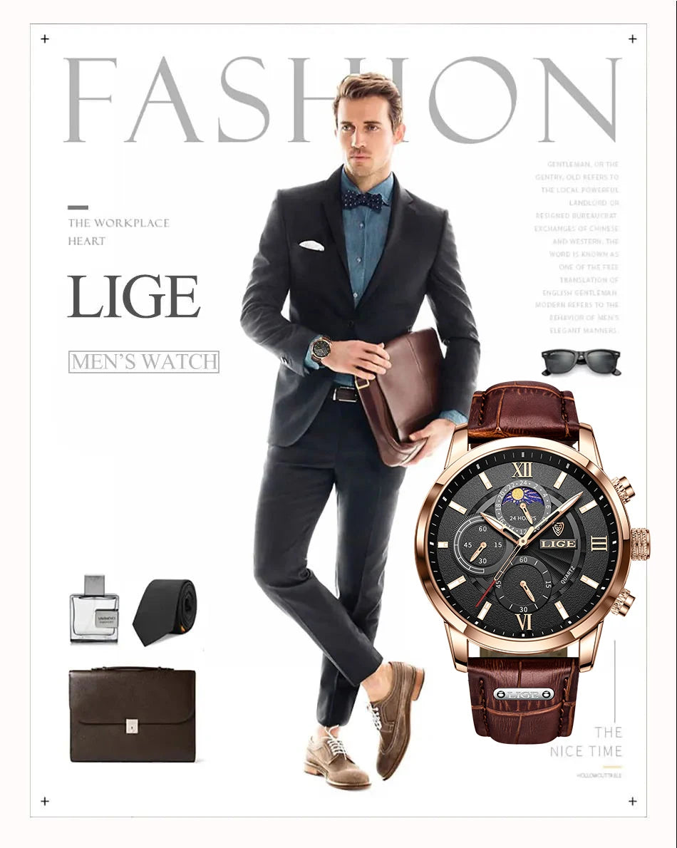 LIGE 2024 New Mens Watches Top Brand Luxury Brown Leather Casual Quartz Watch Men Sport Waterproof Clock Watch Relogio Masculino