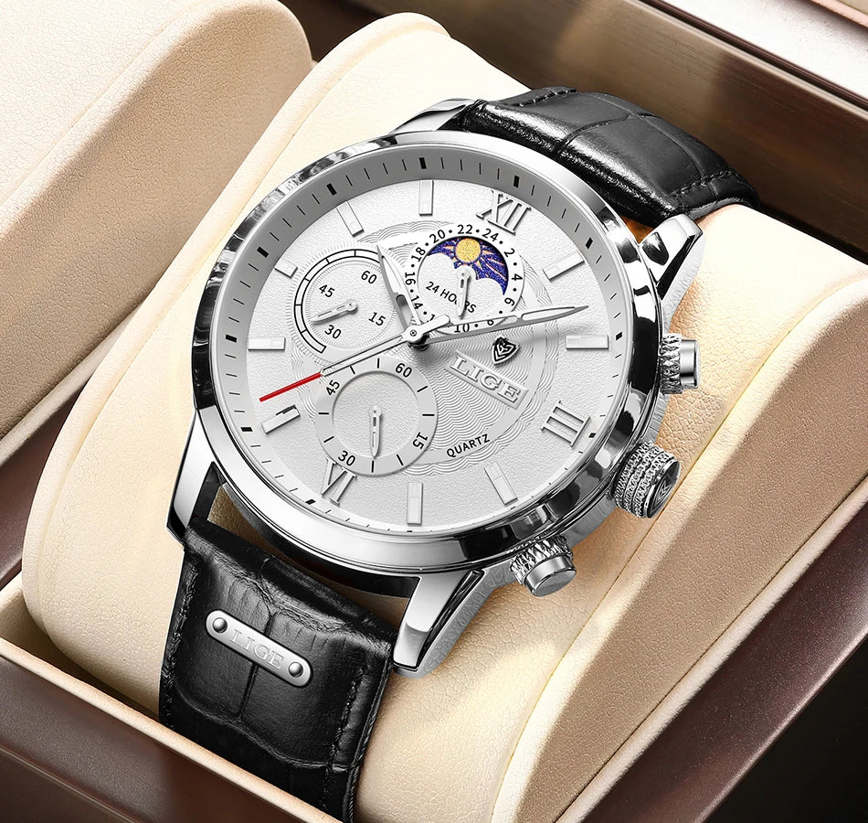LIGE 2024 New Mens Watches Top Brand Luxury Brown Leather Casual Quartz Watch Men Sport Waterproof Clock Watch Relogio Masculino