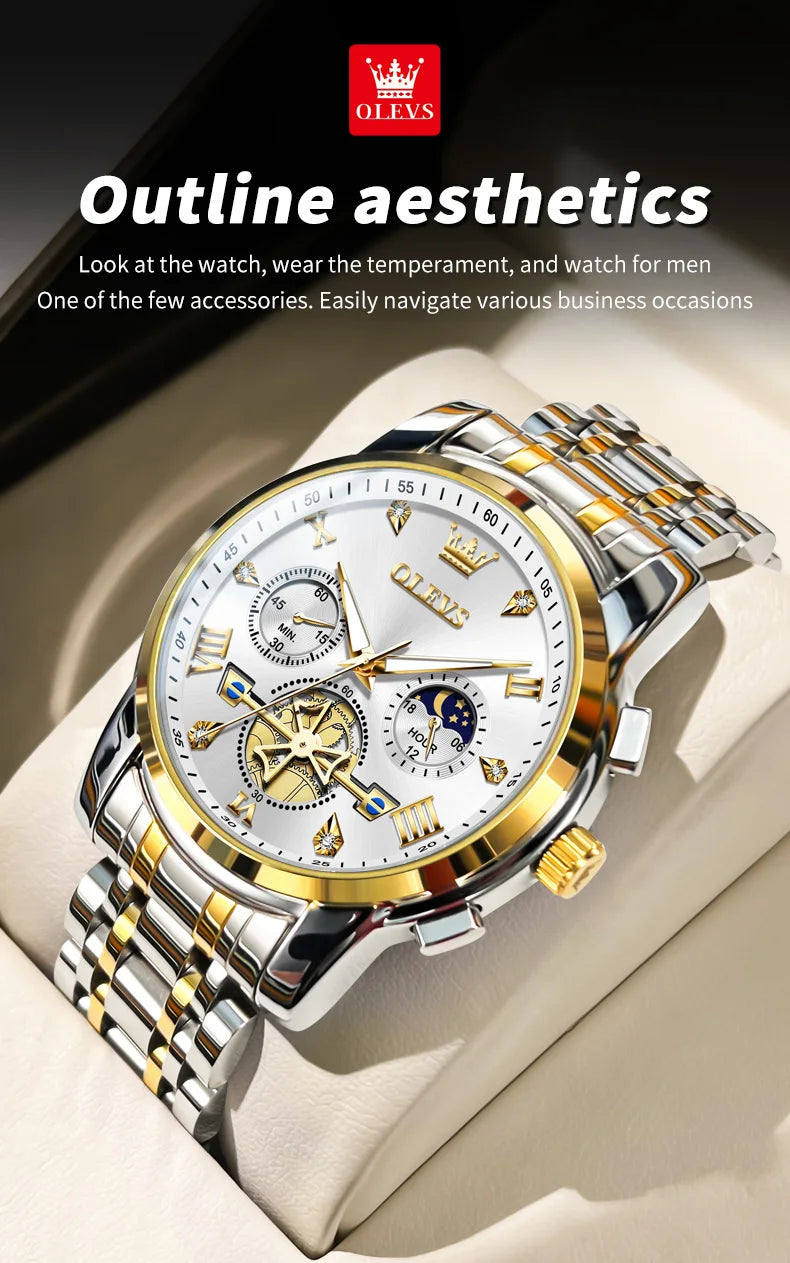 OLEVS 2856 Man Watch 24 Hour Moon Phase Chronograph Waterproof Luminous Multifuncation Original Luxury Quartz Wristwatch for Men