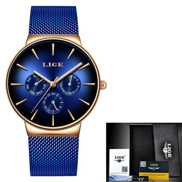 New LIGE Fashion Mens Watches Top Brand Luxury Quartz Watch Men Mesh Steel Waterproof Ultra-thin Wristwatch For Men Sport Clock