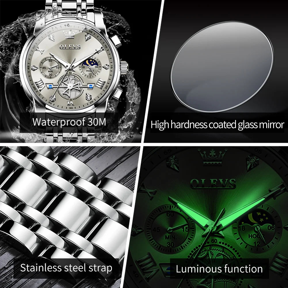 OLEVS 2856 Men's Watches Classic Multifunctional Fltwheel Chronograph Original Quartz Wristwatch Moon Phase 24 Hour Waterproof