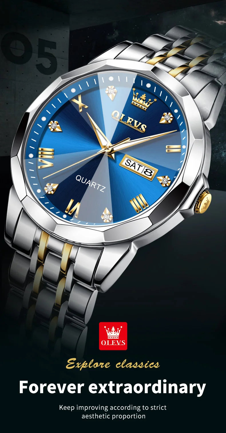 OLEVS Men's Watches Rhombus Mirror Original Quartz Watch for Man Waterproof Luminous Stainless Steel Wristwatch Male Date Week
