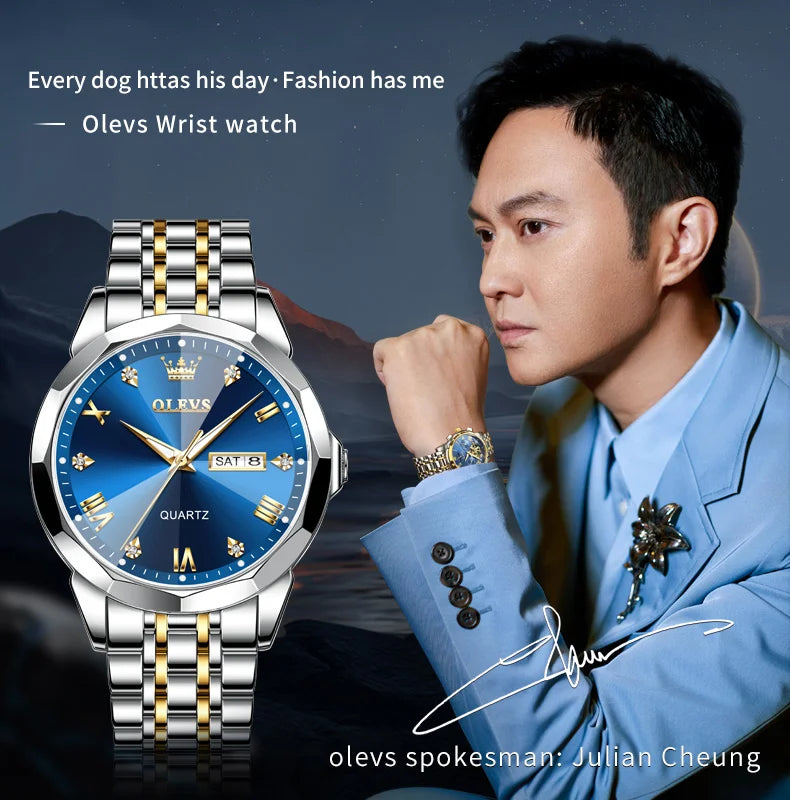 OLEVS Men's Watches Rhombus Mirror Original Quartz Watch for Man Waterproof Luminous Stainless Steel Wristwatch Male Date Week