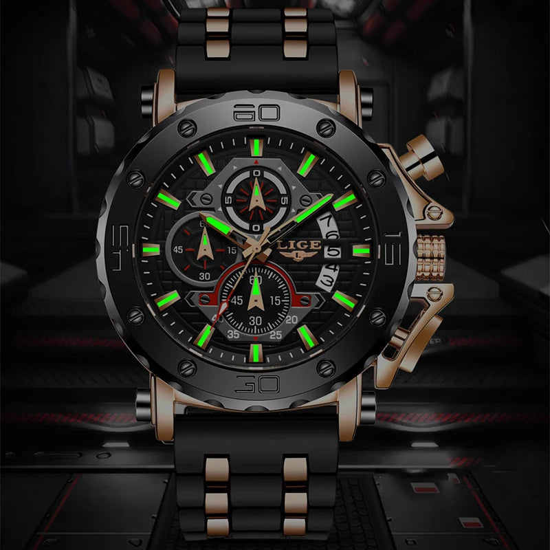 LIGE 2024 New Business Silicone Mens Watches Top Brand Luxury Quartz Watch For Men Waterproof Sport Big Dial Military Wristwatch