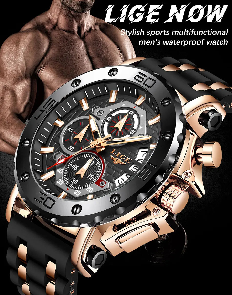 LIGE 2024 New Business Silicone Mens Watches Top Brand Luxury Quartz Watch For Men Waterproof Sport Big Dial Military Wristwatch