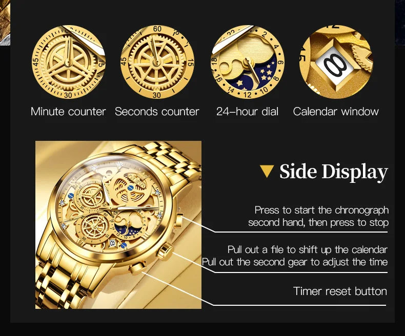 OLEVS 9947 Men's Watches Top Brand Luxury Original Waterproof Quartz Watch for Man Skeleton Style 24 Hour Day Night Wristwatch