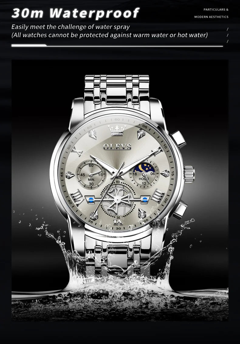 OLEVS 2856 Men's Watches Classic Multifunctional Fltwheel Chronograph Original Quartz Wristwatch Moon Phase 24 Hour Waterproof