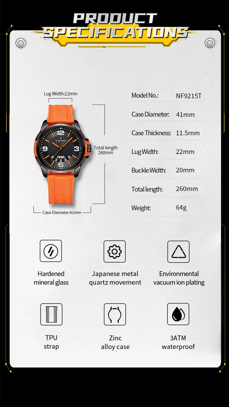 NAVIFORCE Creative TPU Strap Male Wristwatch Fashion Sports 3ATM Waterproof Quartz Day and Date Display Men Watches Reloj Hombre