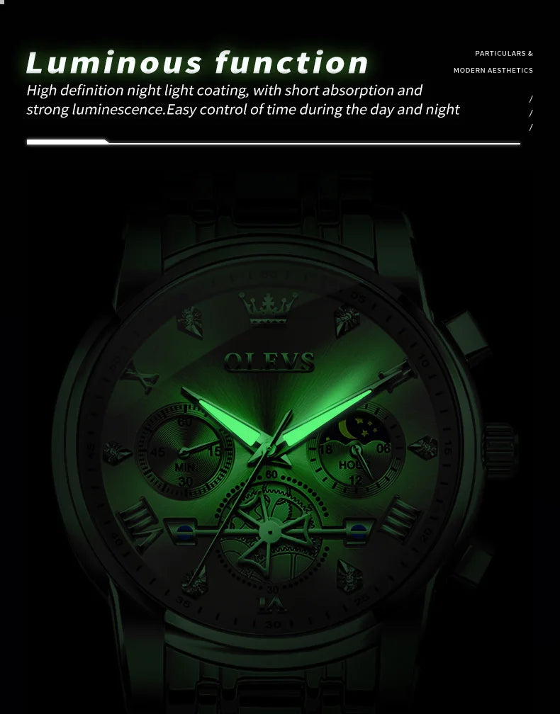OLEVS 2856 Men's Watches Classic Multifunctional Fltwheel Chronograph Original Quartz Wristwatch Moon Phase 24 Hour Waterproof
