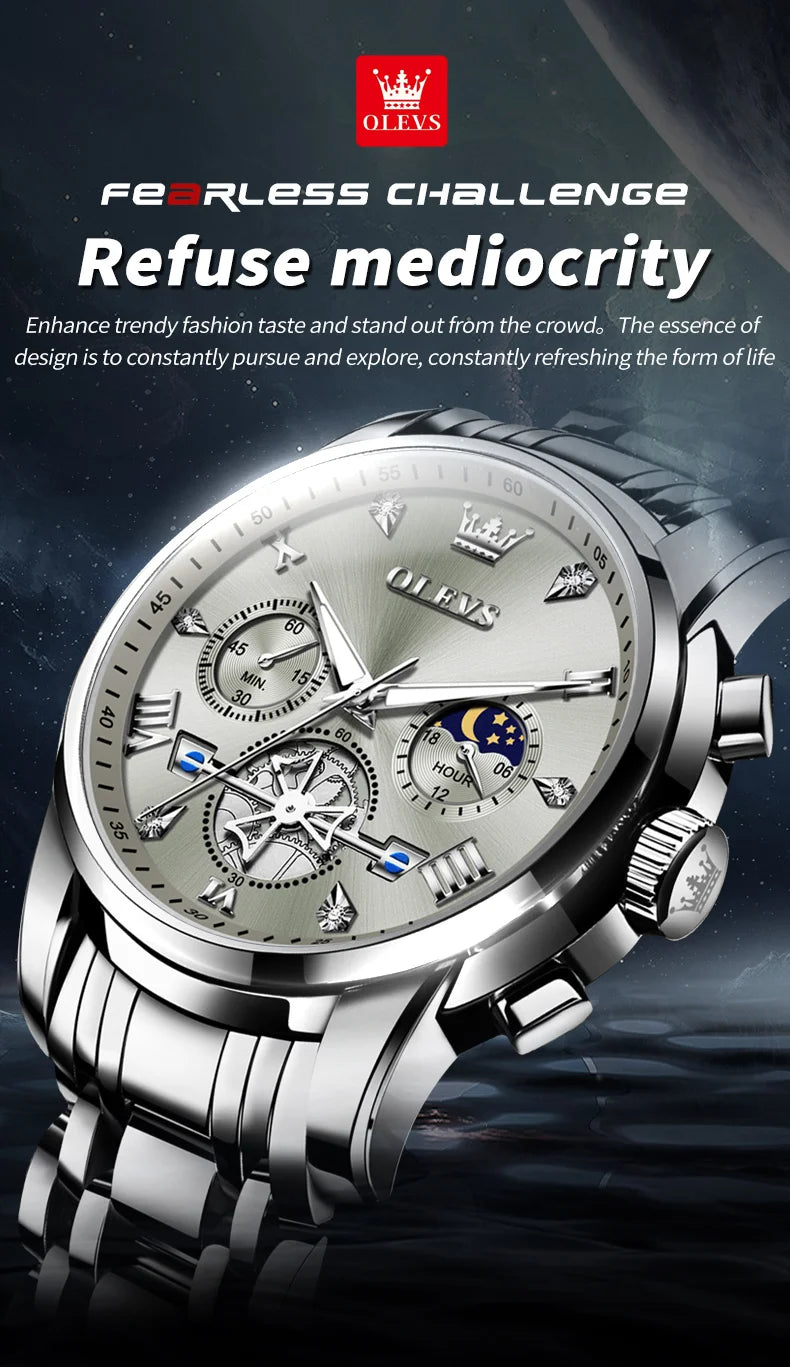 OLEVS 2856 Man Watch 24 Hour Moon Phase Chronograph Waterproof Luminous Multifuncation Original Luxury Quartz Wristwatch for Men