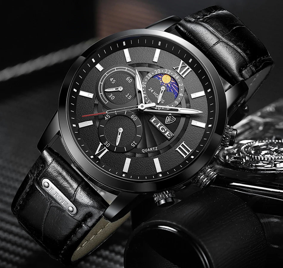 LIGE 2024 New Mens Watches Top Brand Luxury Brown Leather Casual Quartz Watch Men Sport Waterproof Clock Watch Relogio Masculino
