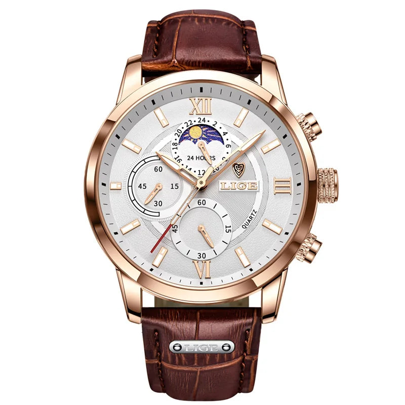 LIGE 2024 New Mens Watches Top Brand Luxury Brown Leather Casual Quartz Watch Men Sport Waterproof Clock Watch Relogio Masculino