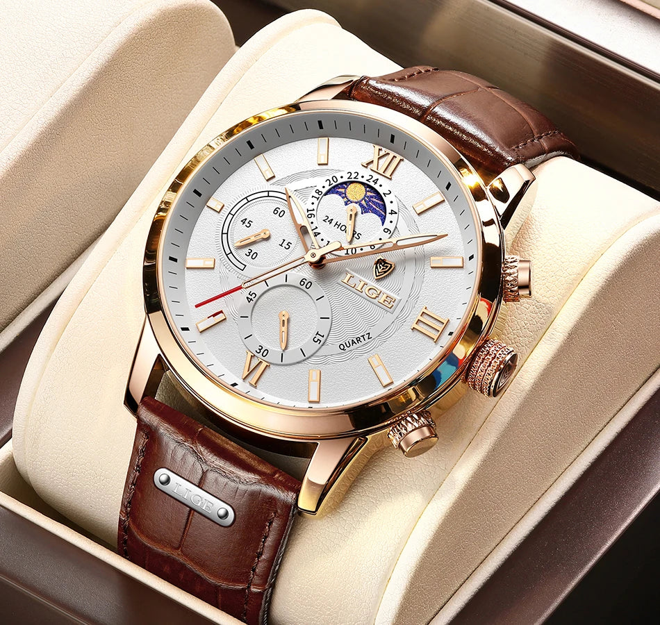 LIGE 2024 New Mens Watches Top Brand Luxury Brown Leather Casual Quartz Watch Men Sport Waterproof Clock Watch Relogio Masculino