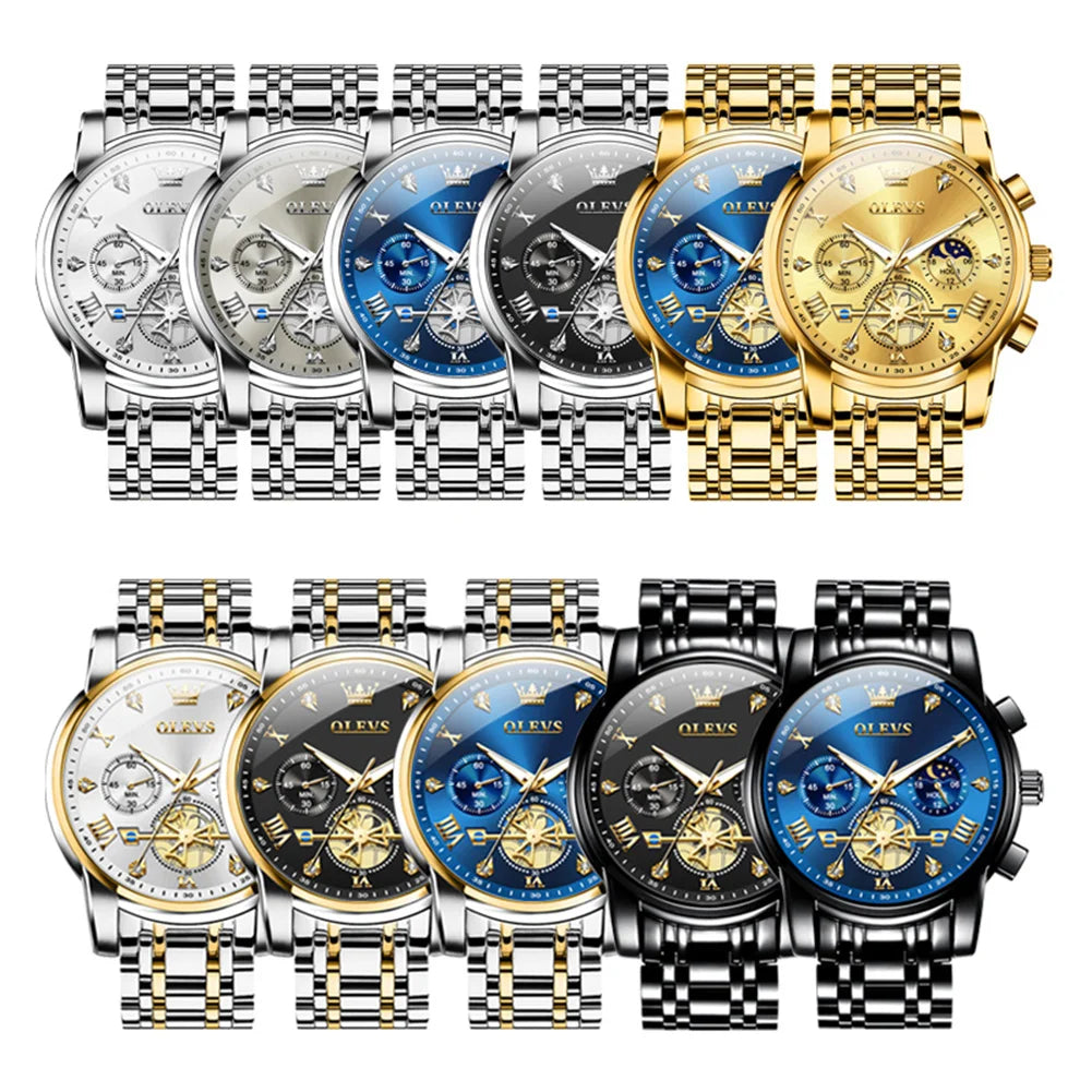 OLEVS 2856 Men's Watches Classic Multifunctional Fltwheel Chronograph Original Quartz Wristwatch Moon Phase 24 Hour Waterproof