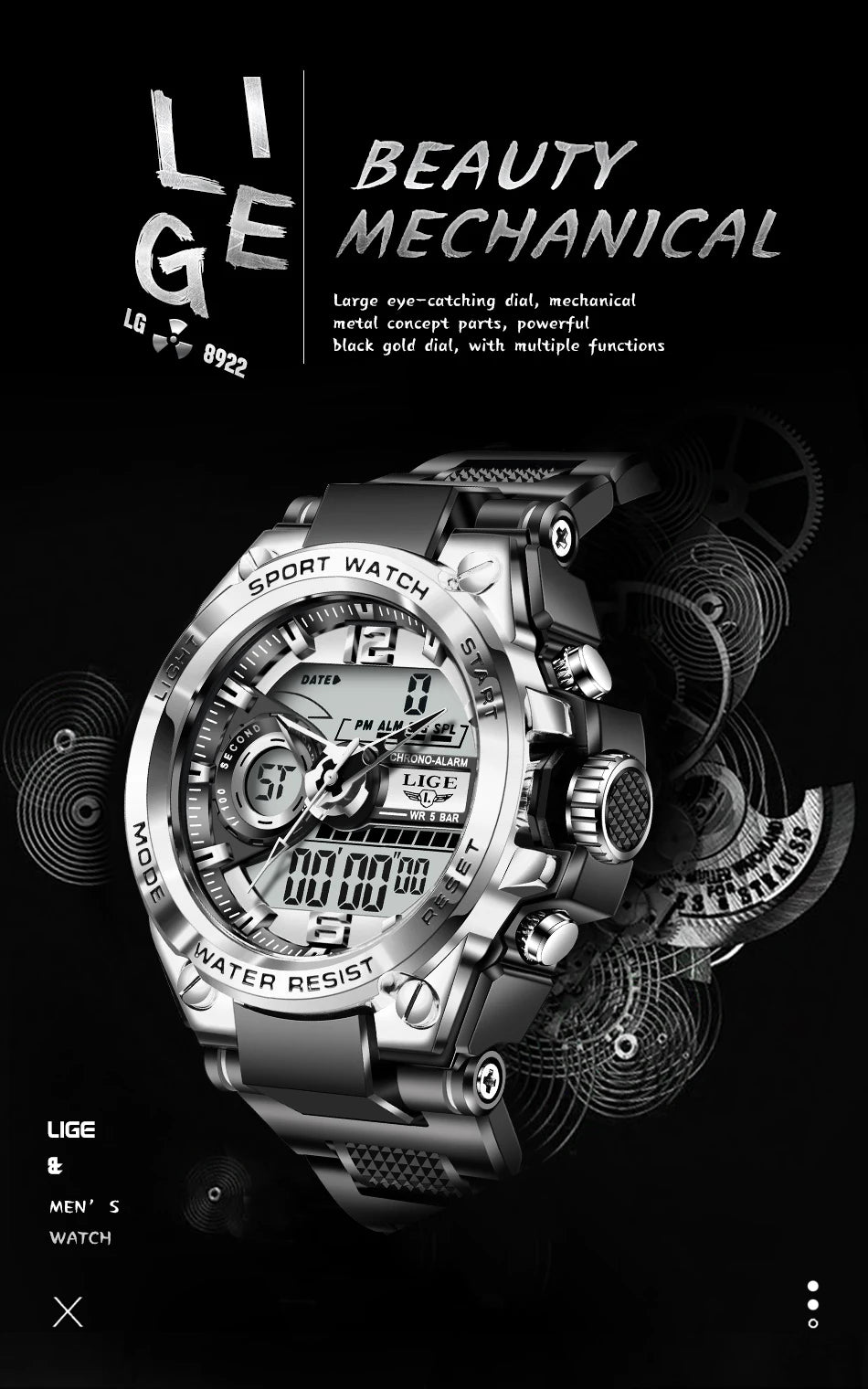 LIGE Men Military Watch Digital 50m Waterproof Wristwatch LED Quartz Clock Sport Watch Male Big Watches Men Relogios Masculino