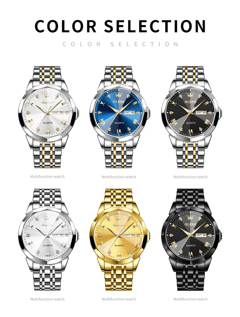 OLEVS Men's Watches Rhombus Mirror Original Quartz Watch for Man Waterproof Luminous Stainless Steel Wristwatch Male Date Week