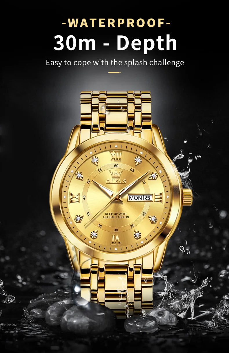 OLEVS Quartz Watch for Men Luxury Diamonds Gold Watch Waterproof Luminous Stainless Steel Business Men's Quartz Watch Mens Watch