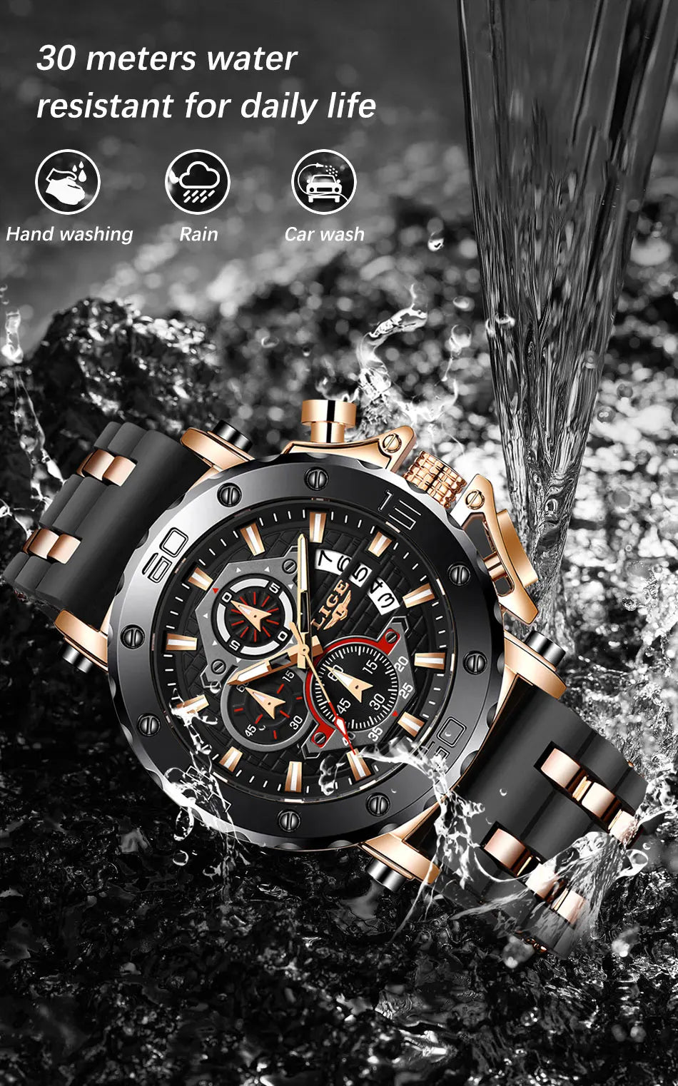 LIGE 2024 New Business Silicone Mens Watches Top Brand Luxury Quartz Watch For Men Waterproof Sport Big Dial Military Wristwatch