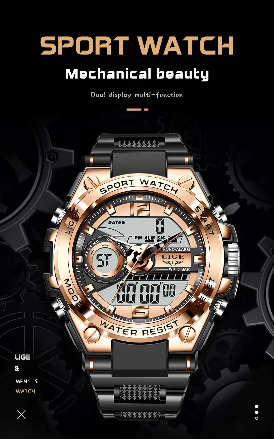 LIGE Men Military Watch Digital 50m Waterproof Wristwatch LED Quartz Clock Sport Watch Male Big Watches Men Relogios Masculino
