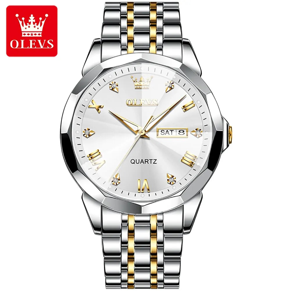 OLEVS Men's Watches Rhombus Mirror Original Quartz Watch for Man Waterproof Luminous Stainless Steel Wristwatch Male Date Week