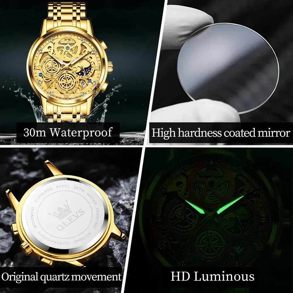 OLEVS 9947 Men's Watches Top Brand Luxury Original Waterproof Quartz Watch for Man Skeleton Style 24 Hour Day Night Wristwatch