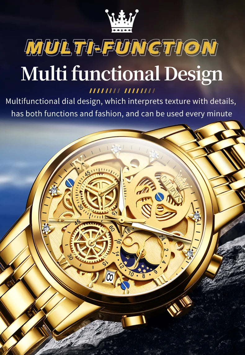 OLEVS 9947 Men's Watches Top Brand Luxury Original Waterproof Quartz Watch for Man Skeleton Style 24 Hour Day Night Wristwatch