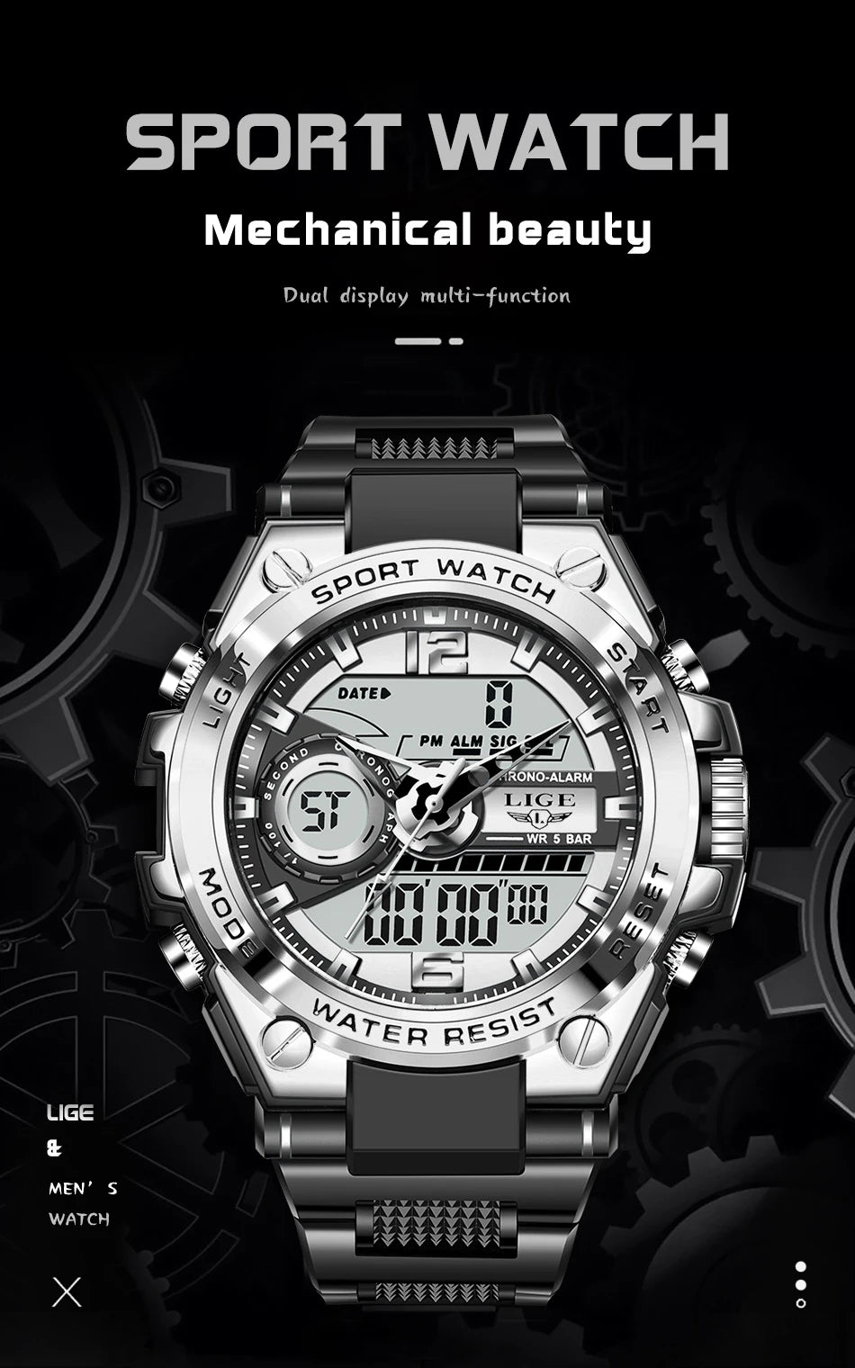 LIGE Men Military Watch Digital 50m Waterproof Wristwatch LED Quartz Clock Sport Watch Male Big Watches Men Relogios Masculino