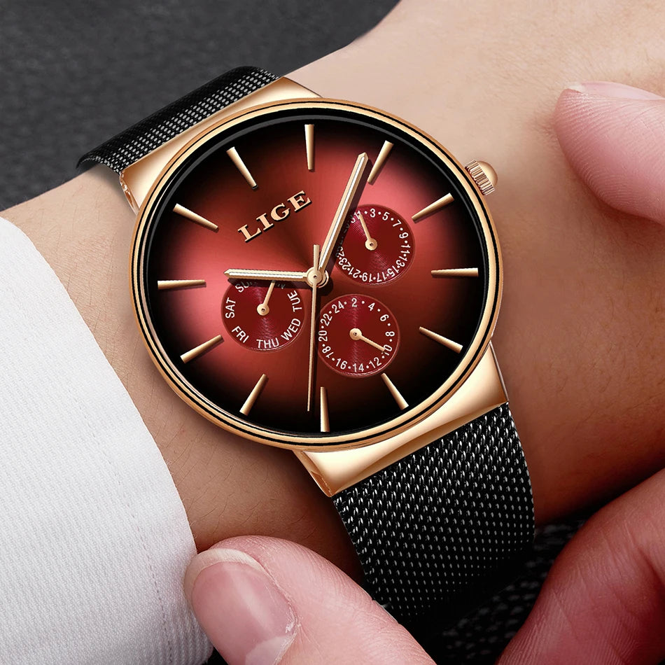 New LIGE Fashion Mens Watches Top Brand Luxury Quartz Watch Men Mesh Steel Waterproof Ultra-thin Wristwatch For Men Sport Clock