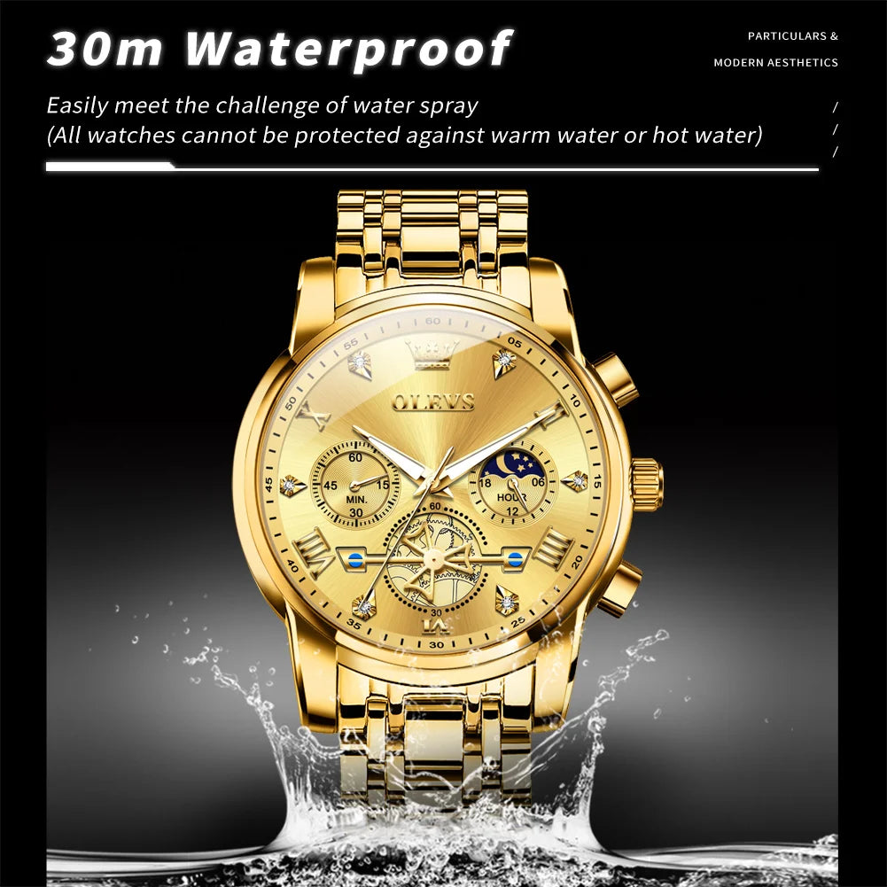 OLEVS 2856 Men's Watches Classic Multifunctional Fltwheel Chronograph Original Quartz Wristwatch Moon Phase 24 Hour Waterproof