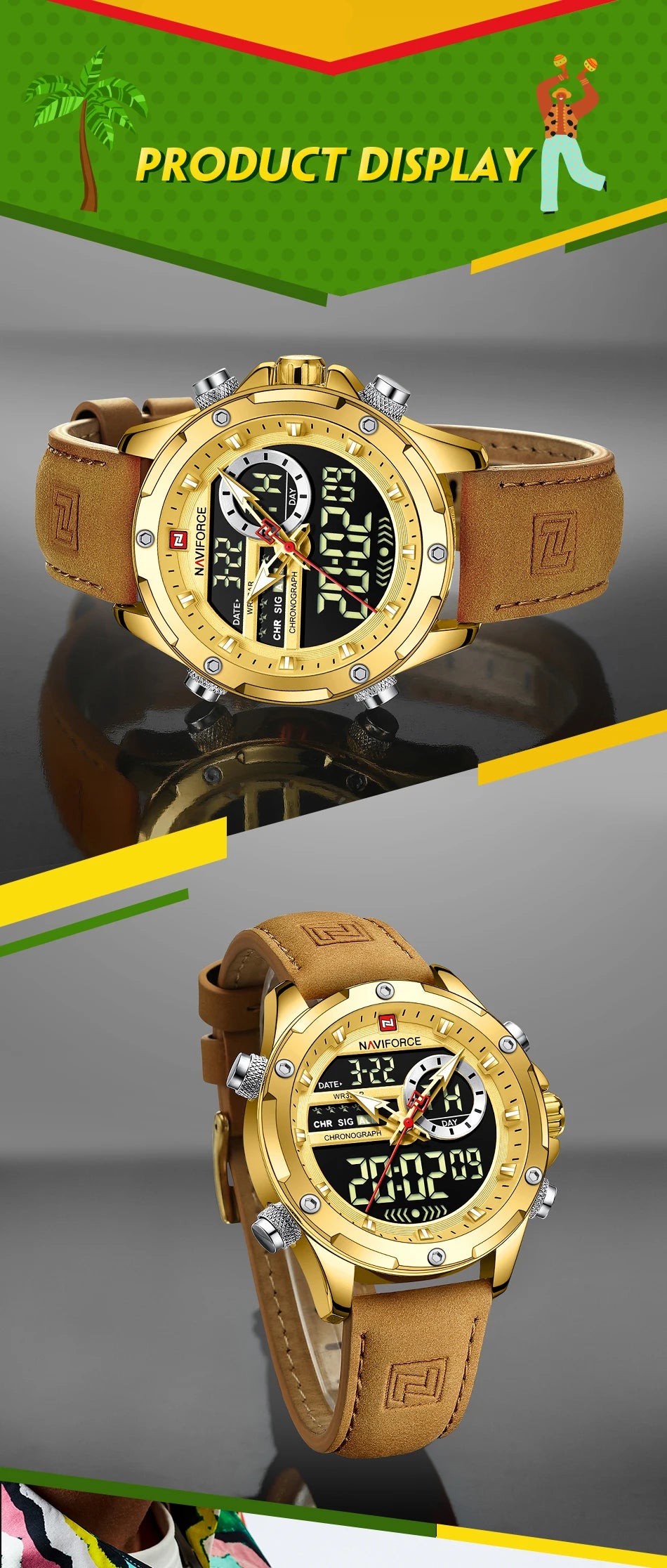 NAVIFORCE Luxury Original Watches For Men Casual Sport Chronograph Alarm Quartz WristWatch Leather Waterproof Digital Clock 9163