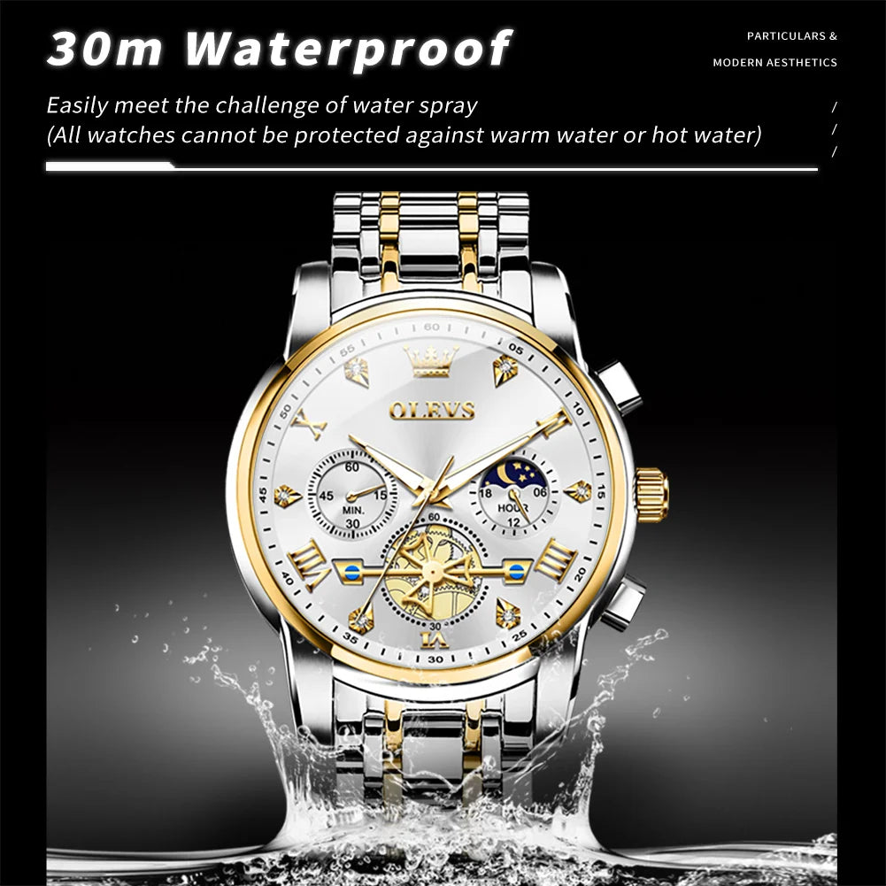 OLEVS 2856 Men's Watches Classic Multifunctional Fltwheel Chronograph Original Quartz Wristwatch Moon Phase 24 Hour Waterproof