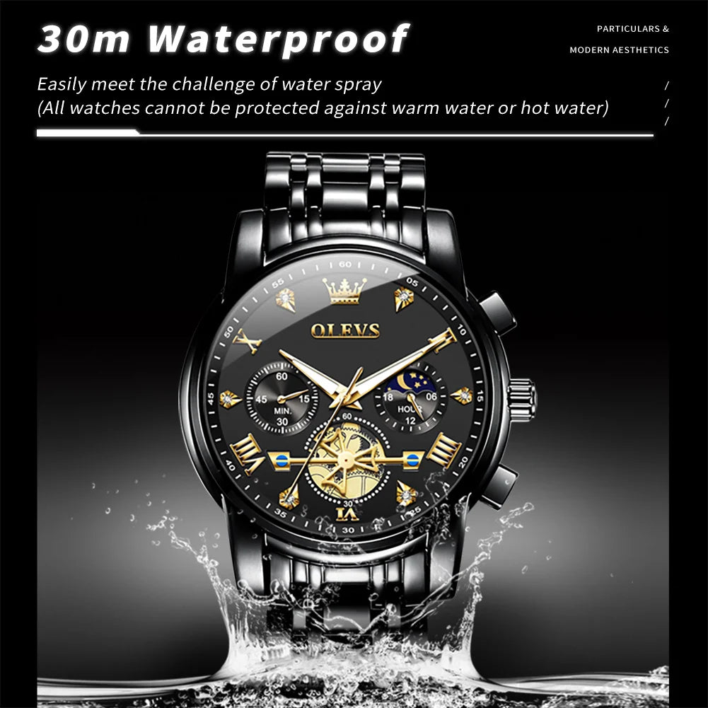 OLEVS 2856 Men's Watches Classic Multifunctional Fltwheel Chronograph Original Quartz Wristwatch Moon Phase 24 Hour Waterproof