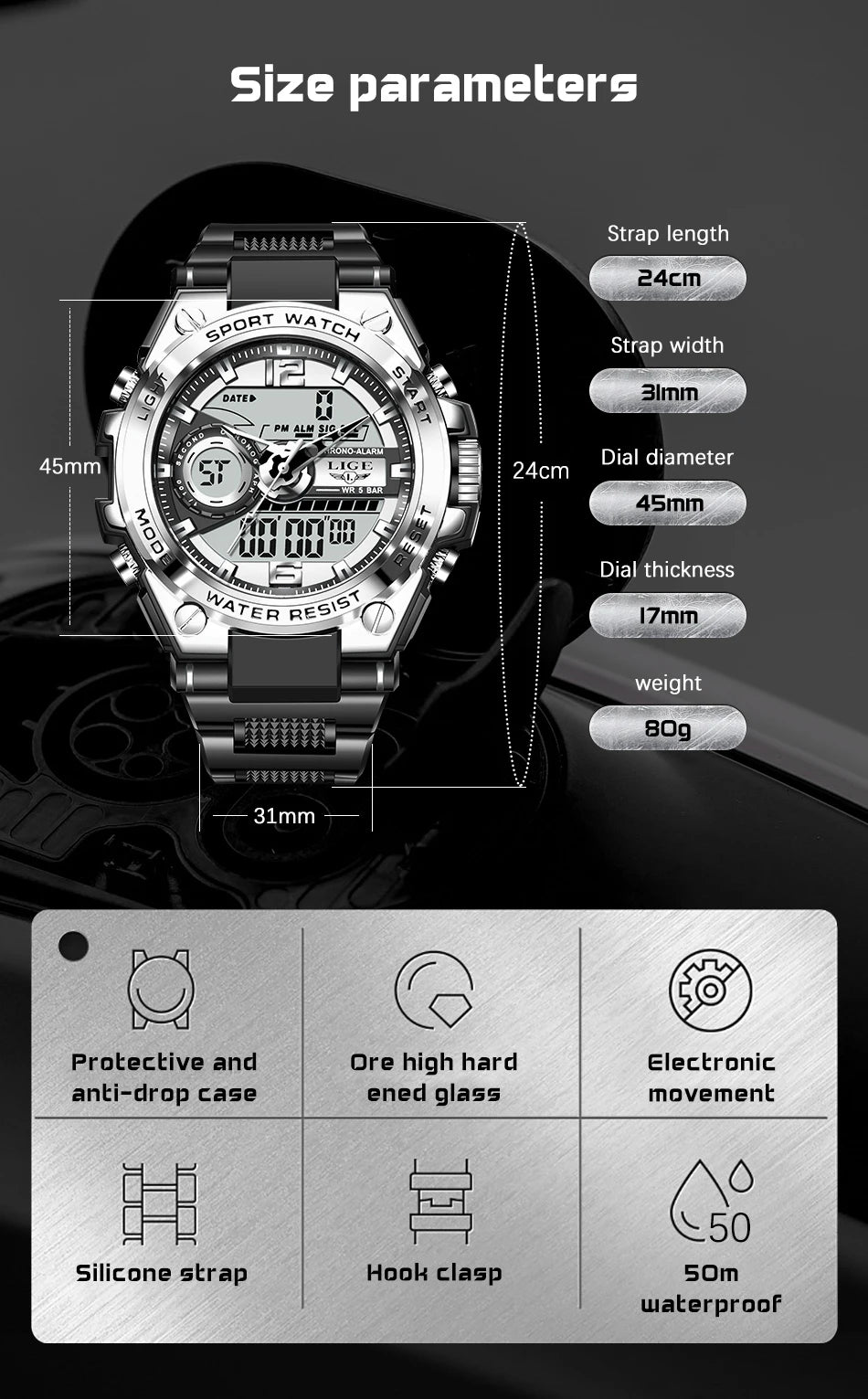 LIGE Men Military Watch Digital 50m Waterproof Wristwatch LED Quartz Clock Sport Watch Male Big Watches Men Relogios Masculino