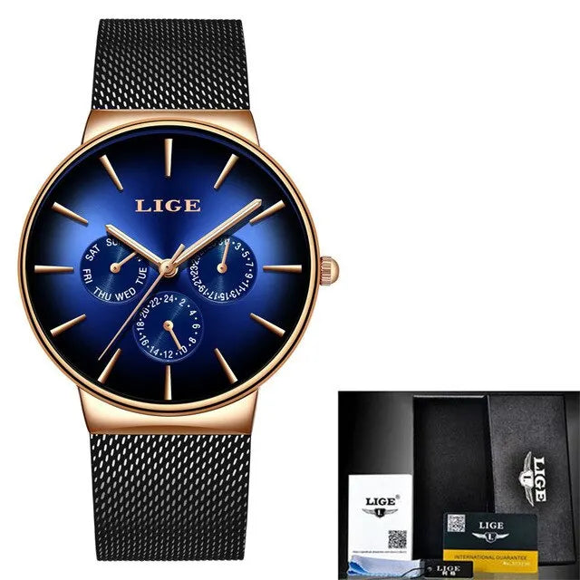 New LIGE Fashion Mens Watches Top Brand Luxury Quartz Watch Men Mesh Steel Waterproof Ultra-thin Wristwatch For Men Sport Clock