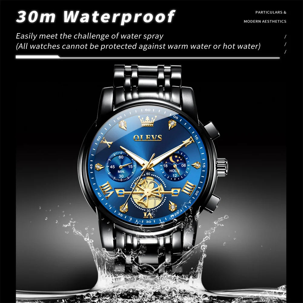 OLEVS 2856 Men's Watches Classic Multifunctional Fltwheel Chronograph Original Quartz Wristwatch Moon Phase 24 Hour Waterproof