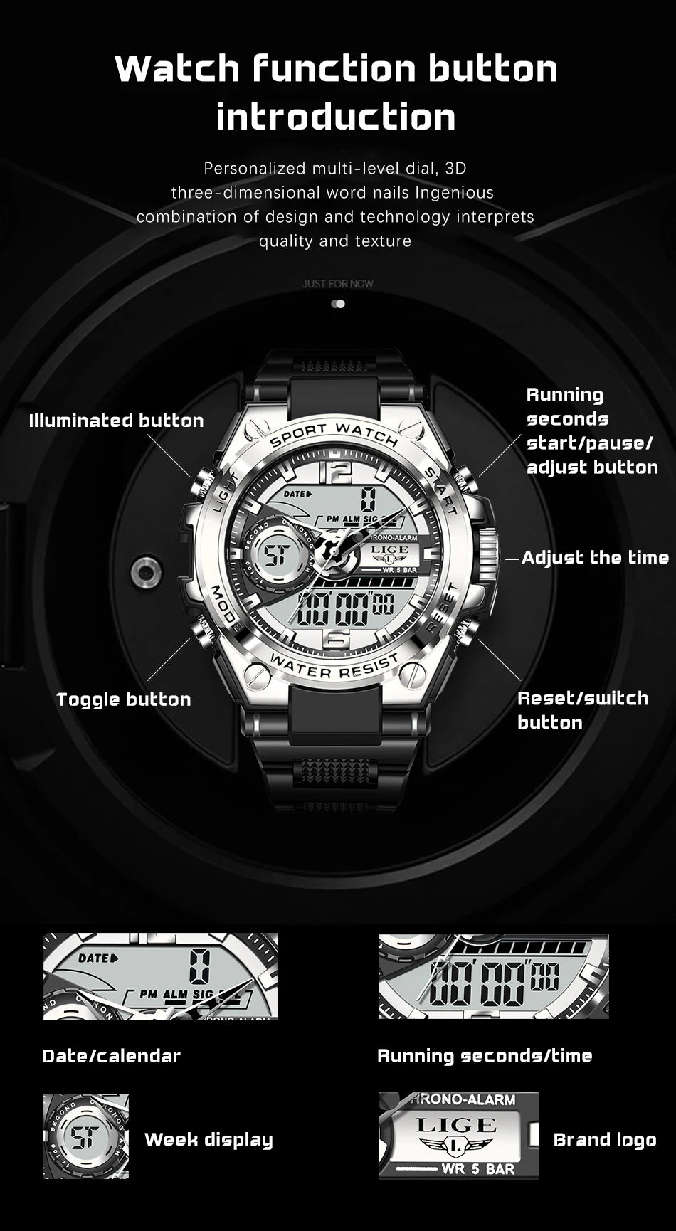 LIGE Men Military Watch Digital 50m Waterproof Wristwatch LED Quartz Clock Sport Watch Male Big Watches Men Relogios Masculino
