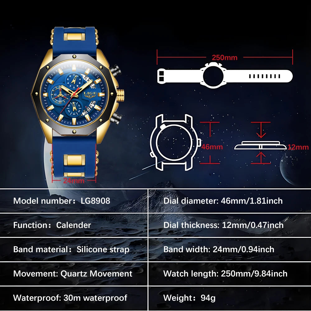 2024 LIGE New Fashion Mens Watches Top Brand Luxury Silicone Sport Watch Men Quartz Date Clock Waterproof Wristwatch Chronograph