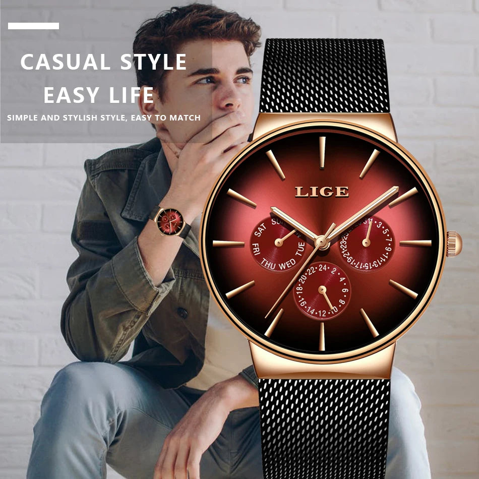 New LIGE Fashion Mens Watches Top Brand Luxury Quartz Watch Men Mesh Steel Waterproof Ultra-thin Wristwatch For Men Sport Clock