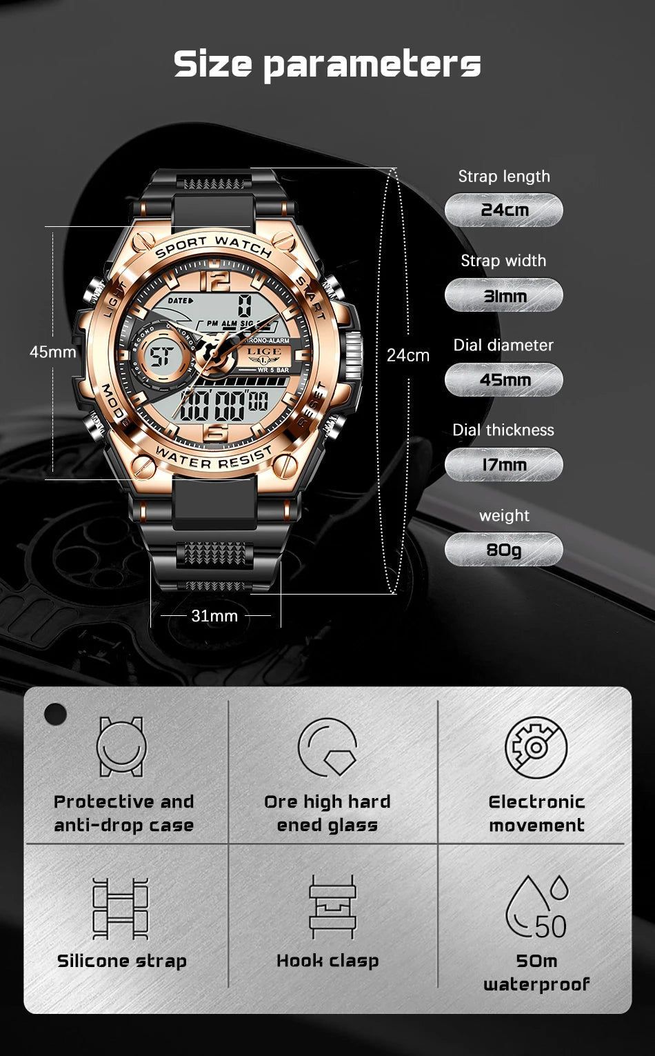 LIGE Men Military Watch Digital 50m Waterproof Wristwatch LED Quartz Clock Sport Watch Male Big Watches Men Relogios Masculino