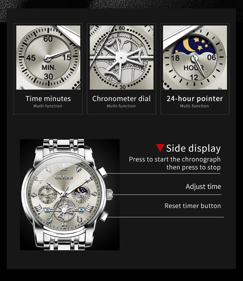 OLEVS 2856 Man Watch 24 Hour Moon Phase Chronograph Waterproof Luminous Multifuncation Original Luxury Quartz Wristwatch for Men