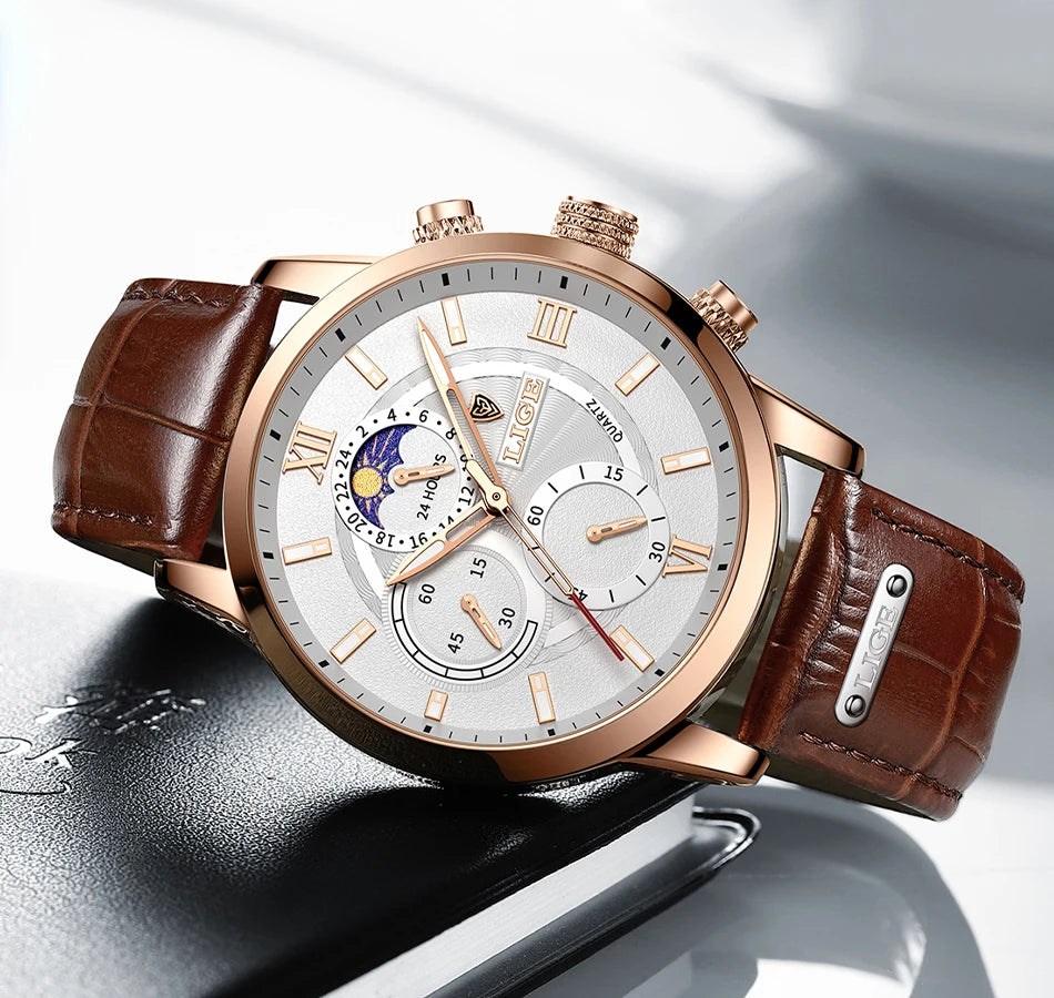 LIGE 2024 New Mens Watches Top Brand Luxury Brown Leather Casual Quartz Watch Men Sport Waterproof Clock Watch Relogio Masculino