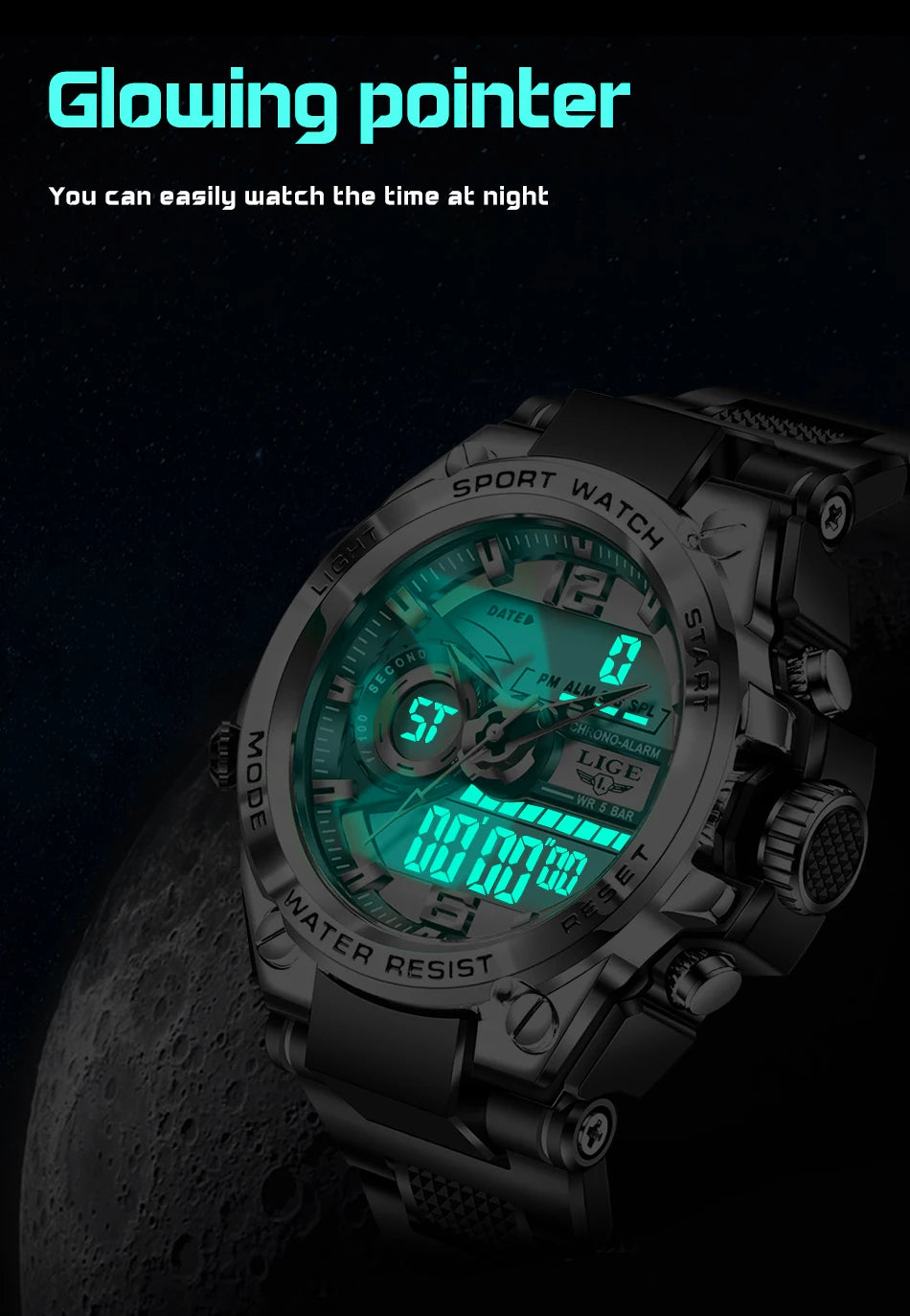LIGE Men Military Watch Digital 50m Waterproof Wristwatch LED Quartz Clock Sport Watch Male Big Watches Men Relogios Masculino