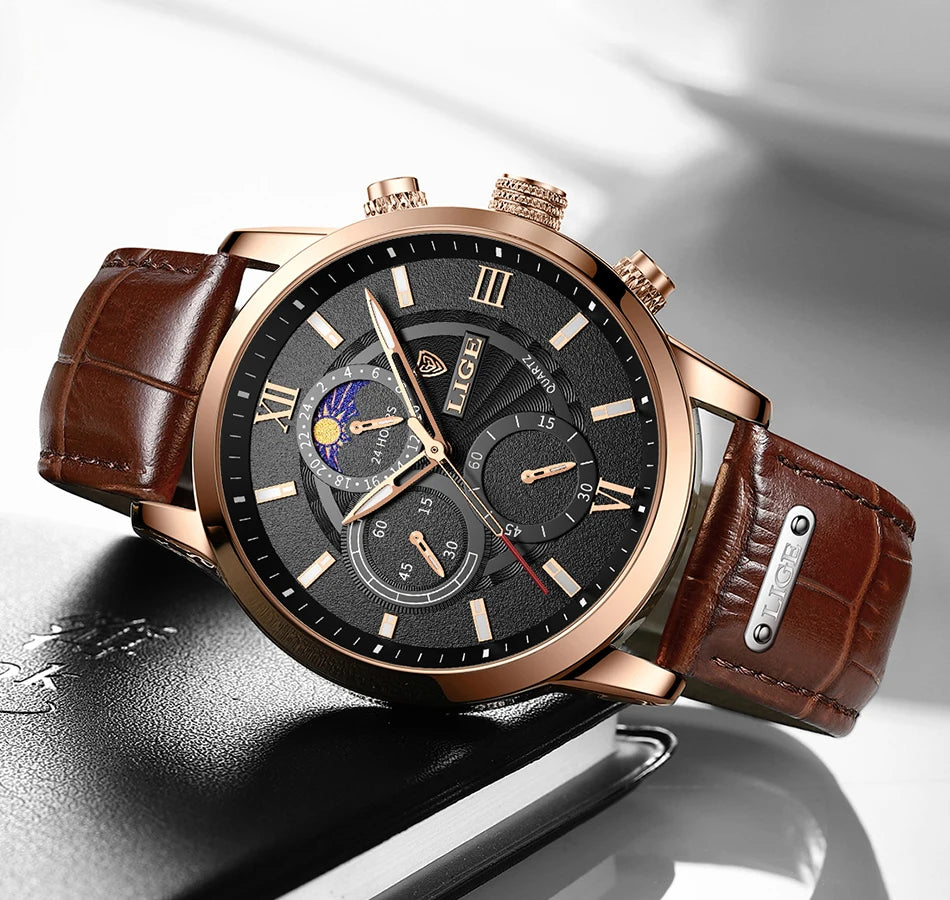 LIGE 2024 New Mens Watches Top Brand Luxury Brown Leather Casual Quartz Watch Men Sport Waterproof Clock Watch Relogio Masculino